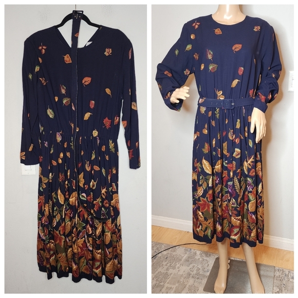 VTG Bedford Fair Leaf Printed Navy Midi Maxi Dress Long Sleeve Stretch Waist 16P - Picture 1 of 16